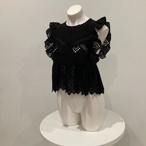 ZARA TRF Collection Black Open lace Cutout Blouse Lace Peplum Ruffle Sleeve S